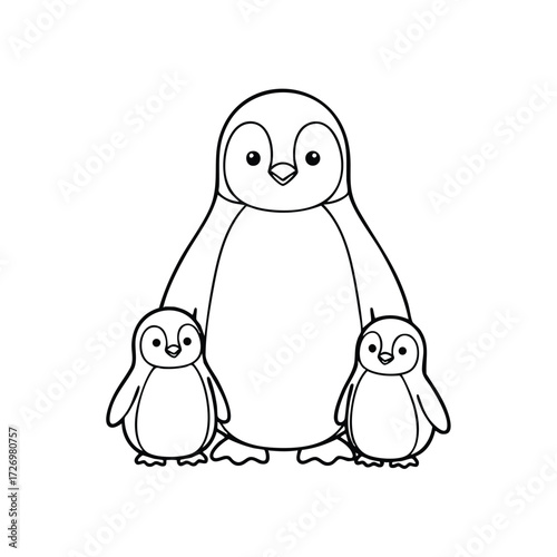 A charming depiction of a parent penguin standing proudly with its two adorable chicks in a playful pose.