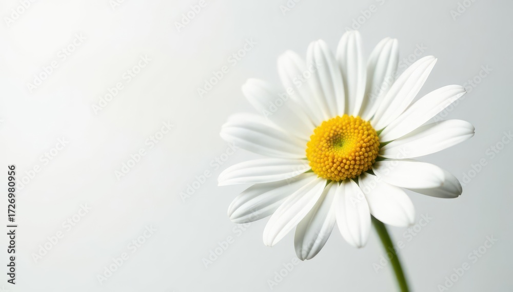 Fototapeta premium Close-up view of a single daisy, vibrant white petals against stark white, single, isolated