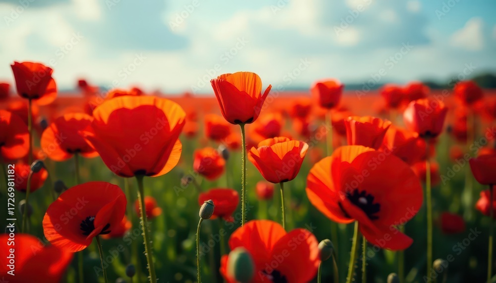 Obraz premium Hundreds of scarlet poppies blanket the ground, a sea of color , image, bright