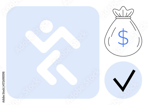 Stylized person in motion with money bag and checkmark symbolizing success, finance, goals, and progress. Ideal for motivation, ambition, finance, productivity, success achievement simple flat