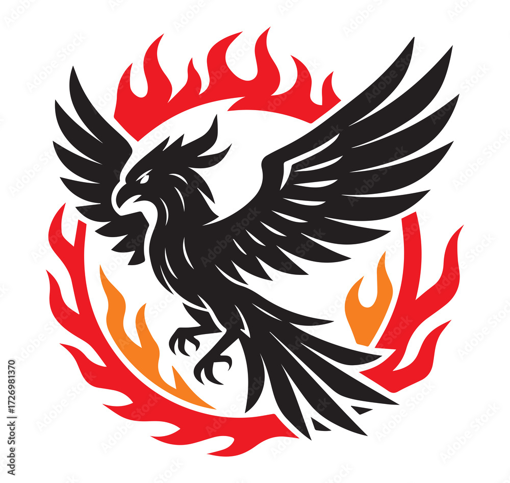 Fototapeta premium Phoenix bird in flight, black and red vector emblem with flame wings