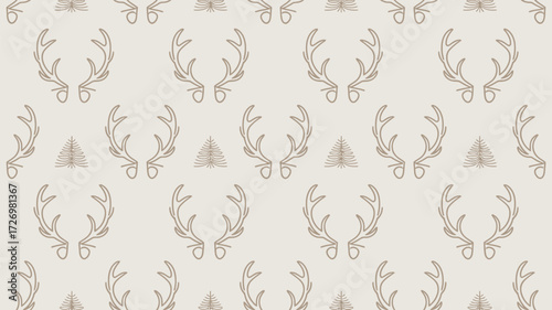 A repeating pattern of deer antlers and christmas trees on a light cream colored background design element