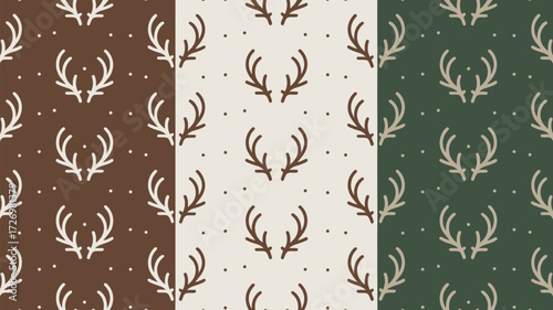 Three seamless patterns with deer antlers and dots in brown beige and green color schemes on a white background