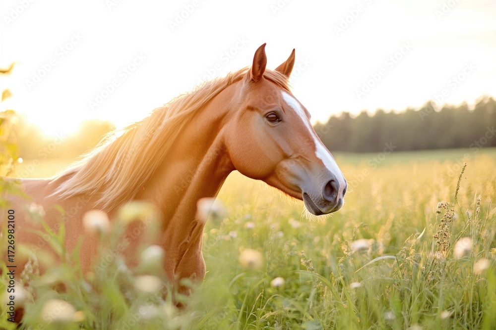 Fototapeta premium Majestic horse running through golden meadow at sunrise