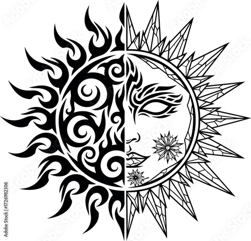 Tribal sun face tattoo design, symbolizing the duality of day and night, sun and moon, and the yin and yang balance