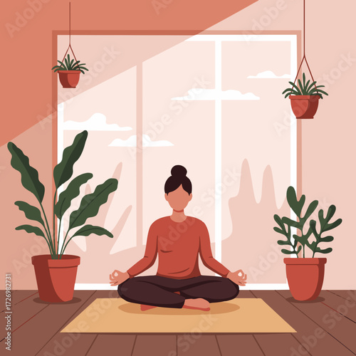 Woman Meditating in Lotus Pose at Home | Yoga and Mindfulness Concept