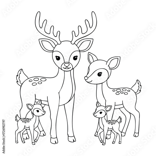 A charming family of deer featuring a majestic stag and playful fawns in a whimsical setting.