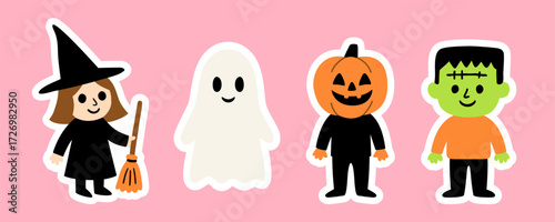 Cute halloween kids in costumes set with witch ghost pumpkin and frankenstein characters drawn as vector illustration for festive seasonal design and decoration