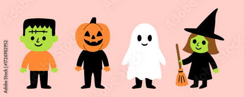 Halloween kids costumes with witch pumpkin ghost and frankenstein characters cute children in festive outfits smiling and celebrating trick or treat playful seasonal illustration