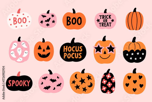 Halloween pumpkins set with doodles spooky faces and words like boo spooky hocus pocus trick or treat with bats ghosts flowers hearts stars jack o lantern