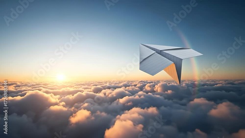 Abstract paper plane flying above golden clouds with rainbow at sunrise, representing overcome, leadership, and motivation footage.
