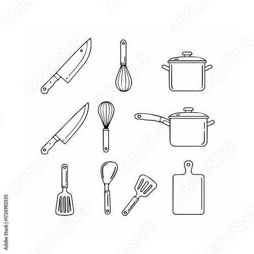 Kitchen Utensils and Cookware Line Art Icon Set