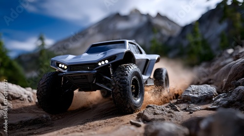 A high-performance off-road vehicle aggressively traversing a challenging rocky and mountainous landscape, showcasing its impressive capability and design for extreme outdoor adventures.