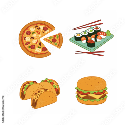 International Fast Food Cartoon Illustration Set | Pizza, Sushi, Tacos, Burger