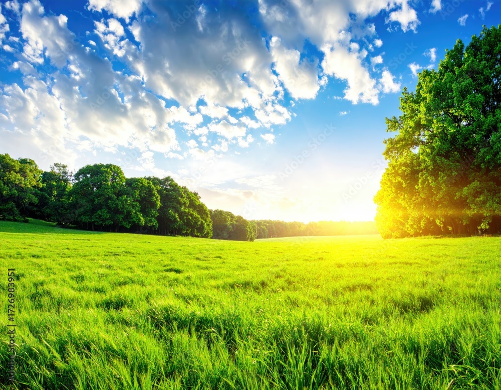 Obraz premium Lush green field bathed in golden sunlight, with trees and a vibrant sky