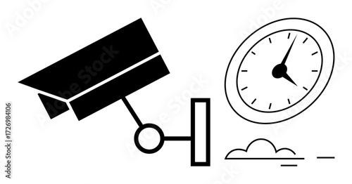 Security camera monitoring alongside a clock showing time and progress. Ideal for security, time tracking, productivity, scheduling, surveillance, technology, and efficiency concepts. A simple flat