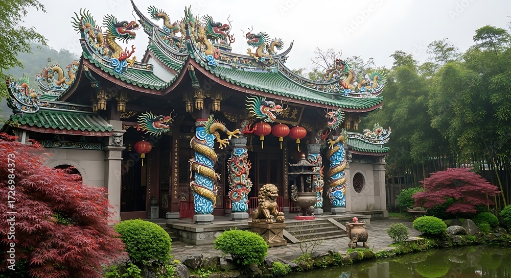 Obraz premium Temple with Green Roof, and Pond.