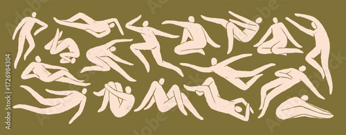 Matisse art with abstract people. Set of naked human silhouettes in different poses. Shadows of nude bodies, figures in various postures: sitting, lying, flying. Flat isolated vector illustrations.