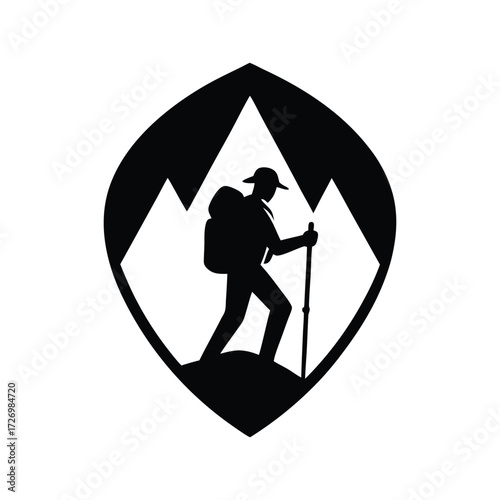 Hiker with backpack silhouette logo trekking pose vector art illustration