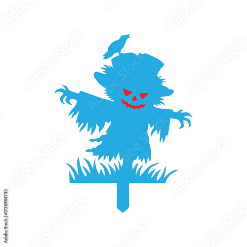 Cute Blue Scarecrow Silhouette with Mischievous Grin and Crow Hat for Autumn Harvest or Halloween Decorations