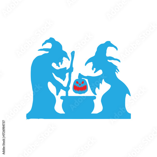 Eerie blue silhouettes of two witches stirring a bubbling cauldron with a glowing jack-o'-lantern, conjuring a spooky atmosphere for Halloween festivities and mystical enchantments