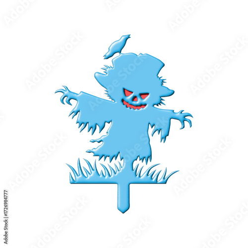 Spooky blue scarecrow silhouette with a bird, perfect for autumn harvest festivals, Halloween decorations, or seasonal graphic designs. Whimsical and slightly eerie holiday symbol