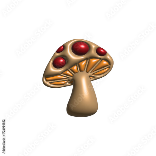 A glossy 3D rendered illustration of a fantasy toadstool, a stylized mushroom icon with red spots isolated on a white background