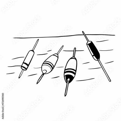 Illustration of four fishing bobbers floating on water with simple black and white line art style drawing