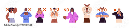 People refuse set. Characters say No, Not, Stop with X hand gesture. Men and women cross arms, thumbs down for negative answer, denial, disagree. Flat isolated vector illustrations on white background