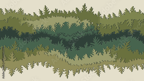 Stylized illustration of a dense forest canopy with layered green tones and a light beige background