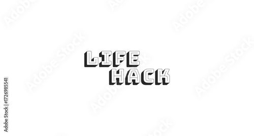 Life hack bold line popular internet slang word. Clever tip lingo. Creative knowledge, advice help. Lifehack solution. Black-and-white outline typography with shadow effect. Bungee Shade font used