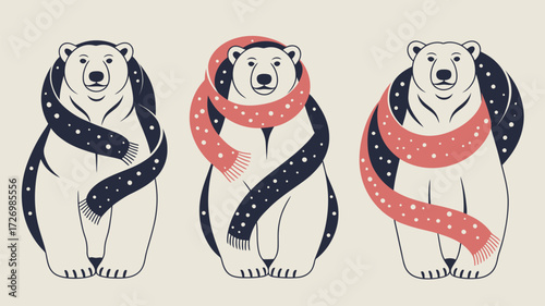 Three polar bears wearing scarves with different colors and dot patterns in a simple illustration