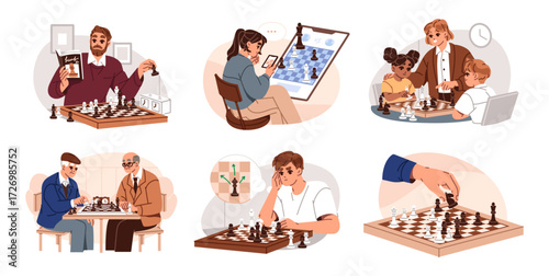 People play chess set. Online player, characters with chessmen on chessboard consider moves in board game. Kids are learning, old men checkmate. Flat isolated vector illustrations on white background.