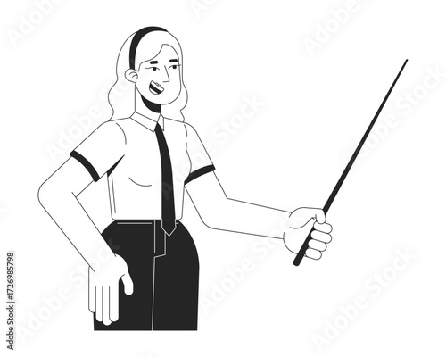 Smiling corporate woman giving presentation with pointer stick 2D line character. Blonde office worker, female presenter educator isolated vector ink outline person. Monochromatic spot illustration