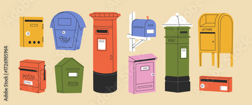Set of mailboxes. Letterboxes with different sizes and shapes. Postboxes for paper correspondence, envelopes. Post boxes with letter slot for mails, newspapers. Flat isolated vector illustrations.