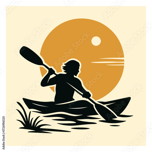 Kayaker at Golden Sunset — Outdoor Adventure Canoe Paddling Silhouette (Vector)