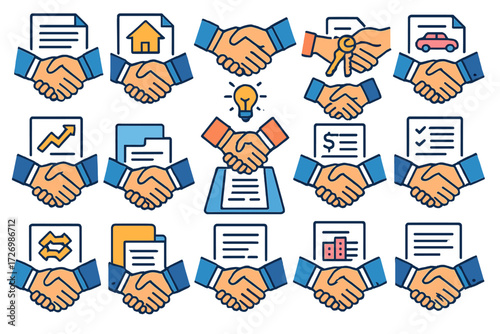 Business Deal Icons. Business Closing Deal in modern flat vector : business handshake, lawyer contract, real estate keys exchange, signed house paper,