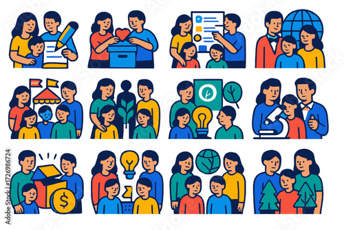 Vibrant Family Event Icons. Event Family Journals in modern flat vector : family journal school project, family journal charity event, family journal