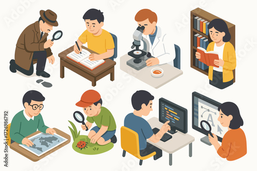 Isometric Study Icons. Situations set icons in modern isometric flat : detective investigating clue, student studying text, scientist observing sample