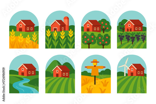 Farmhouse Icons Collection. Farmhouse Surroundings in modern flat vector : farmhouse with wheat, farmhouse with corn, farmhouse with orchard,