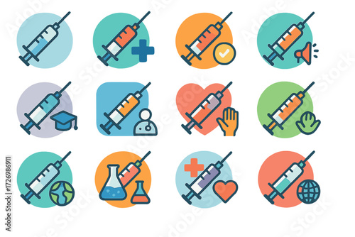 Vibrant Syringe Icons. Event Syringes in modern flat vector : hospital syringe, clinic syringe, vaccination syringe, immunization campaign syringe,