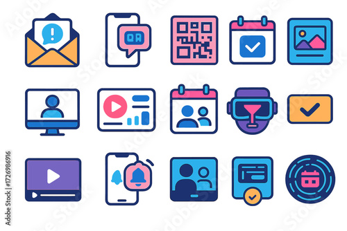 Digital Invitation Icons. Digital Event Invites in modern flat vector : email invite, mobile app notification invite, QR code invite, social media