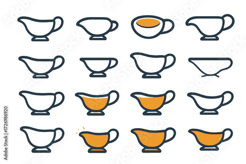 Gravy Boat Collection. Gravy Boat Basics in modern flat vector : simple gravy boat, gravy boat side view, gravy boat top view, gravy boat with handle,