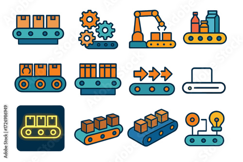 Modern Assembly Lines. Assembly Line Variations in modern flat vector : conveyor belt with boxes, conveyor with gears, robotic arm on assembly line,