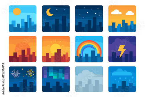 Dynamic Skyline Icons. Day and Night Skylines in modern flat vector : skyline with sun, skyline with moon, skyline with stars, skyline with clouds,