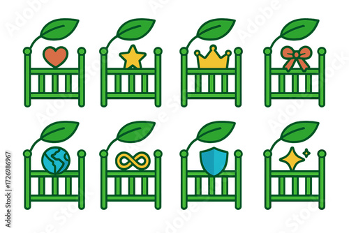 Eco Crib Icons. Symbolic Eco Cribs in modern flat vector : eco crib with heart, eco crib with star, eco crib with crown, eco crib with ribbon, eco