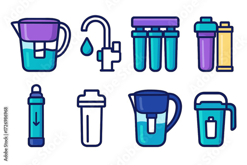 Modern Water Filter Icons. Basic Water Filters in modern flat vector : classic water filter pitcher, water filter with faucet, under-sink water filter