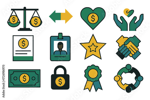 Fair Financial Icons. Fair financial rewards set of icons in abstract flat : scale with coins, equal arrows, heart with coin, supportive hands, pay