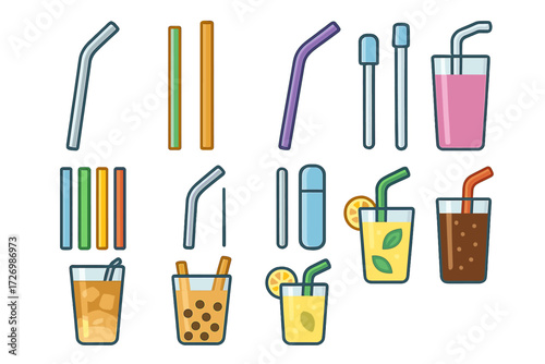 Vibrant Straw Collection. Lifestyle Reusable Straws in modern flat vector : metal straw, bamboo straw, silicone straw, glass straw, colorful straw set