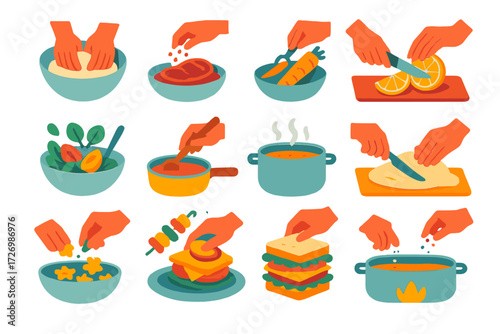 Culinary Icon Set. Cooking Process Prep in modern flat vector : dough kneading, meat marinating, vegetable peeling, fruit slicing, salad mixing, sauce